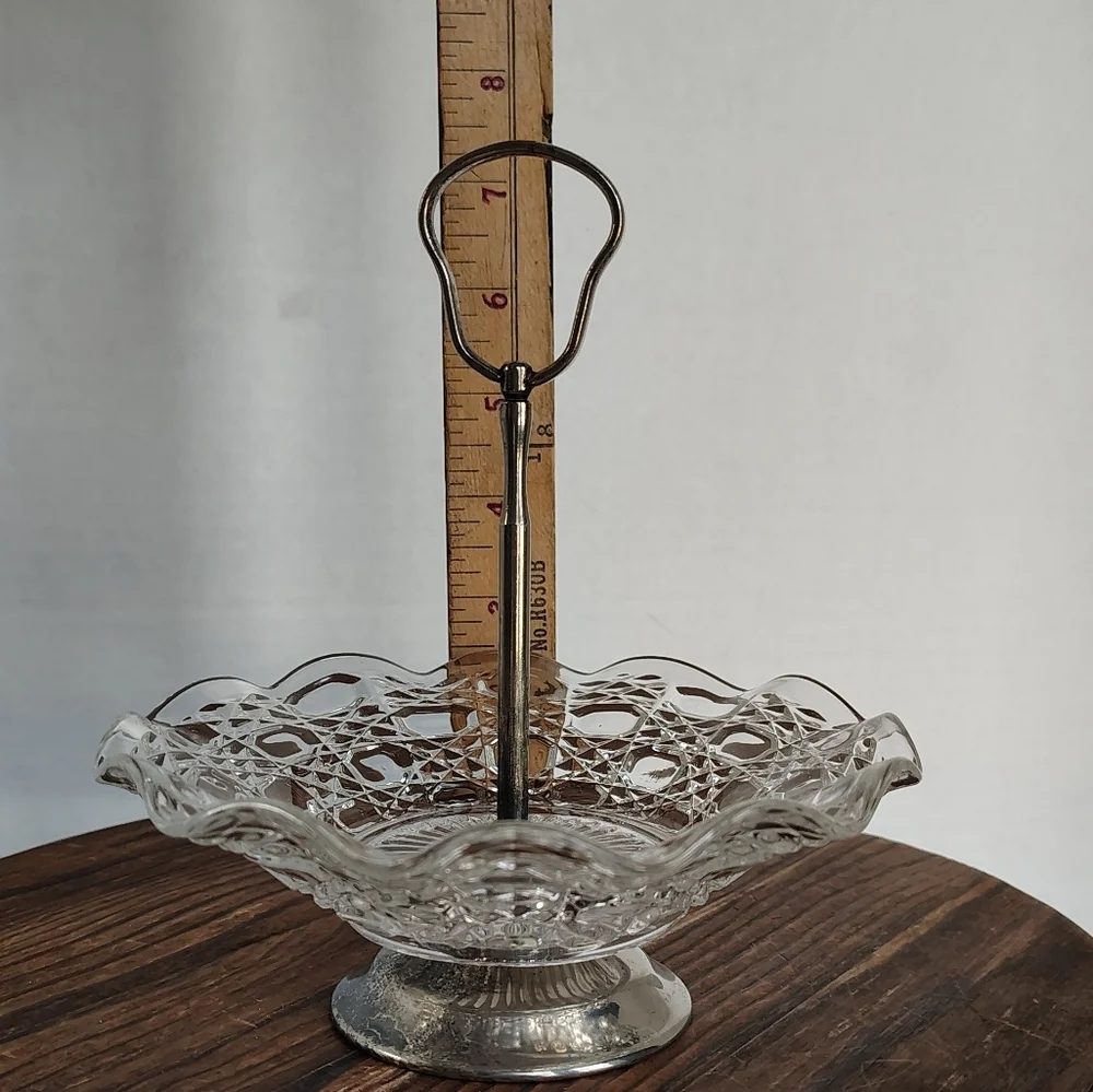 Glass Tidbit Tray Candy Dish W Silver Plated Handle England Jewelry Display Dish